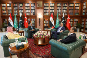 Foreign ministers from Türkiye, Pakistan, Egypt, and Saudi Arabia meet in Islamabad on March 29, 2026, for the Türkiye-Egypt-Pakistan-Saudi Arabia Foreign Ministers Meeting. (Photo by Turkish Foreign Ministry/Handout/Anadolu via Getty Images)