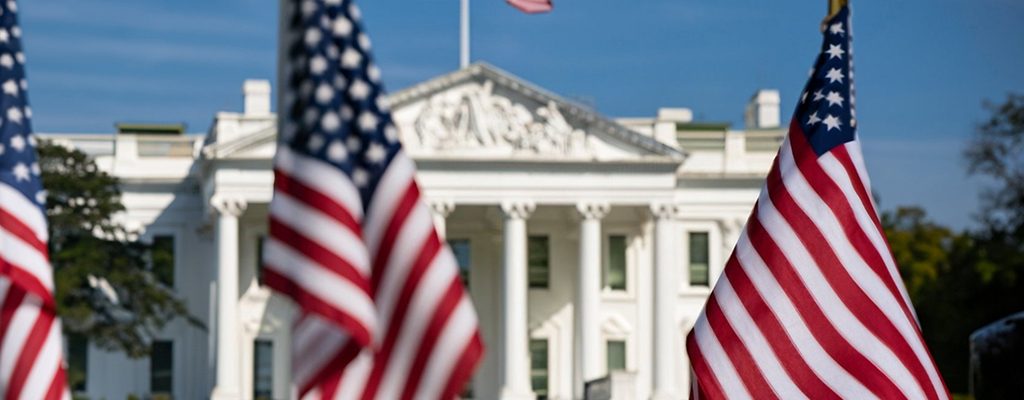 American Flags in Foreground with the White House in the Background