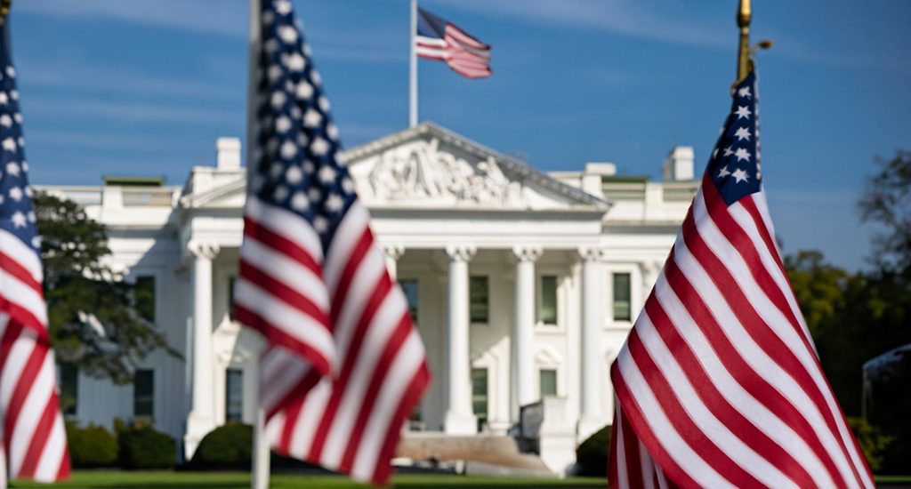 American Flags in Foreground with the White House in the Background